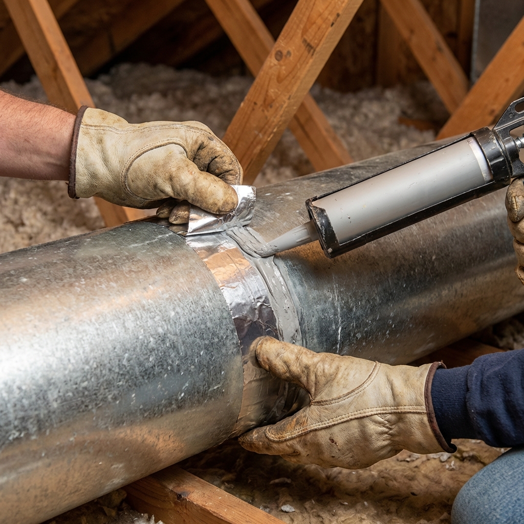 Technician applying mastic sealant to duct