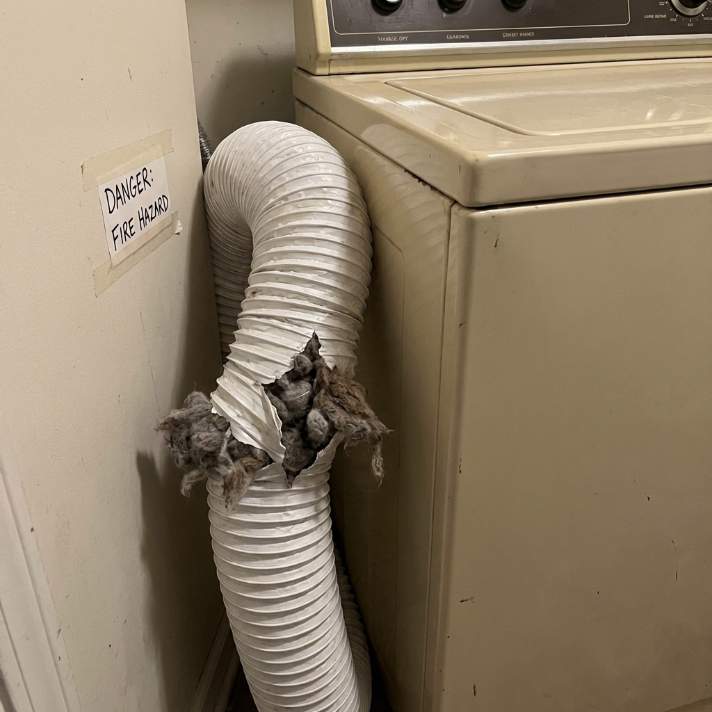 Crushed and dangerous plastic dryer vent hose