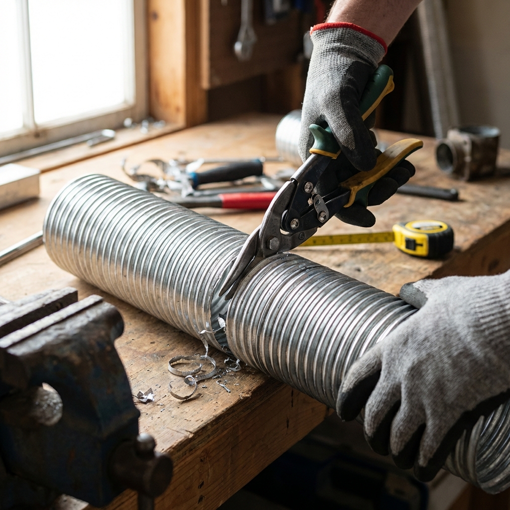 Technician cutting metal vent pipe